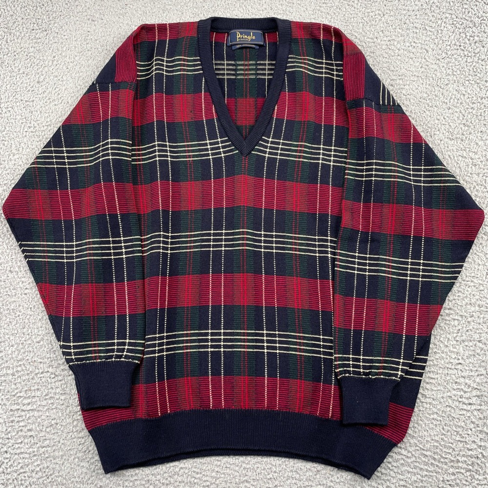 Pringle Sweater Mens L Navy Red Plaid V-Neck Lambswool Made in Scotland Vintage